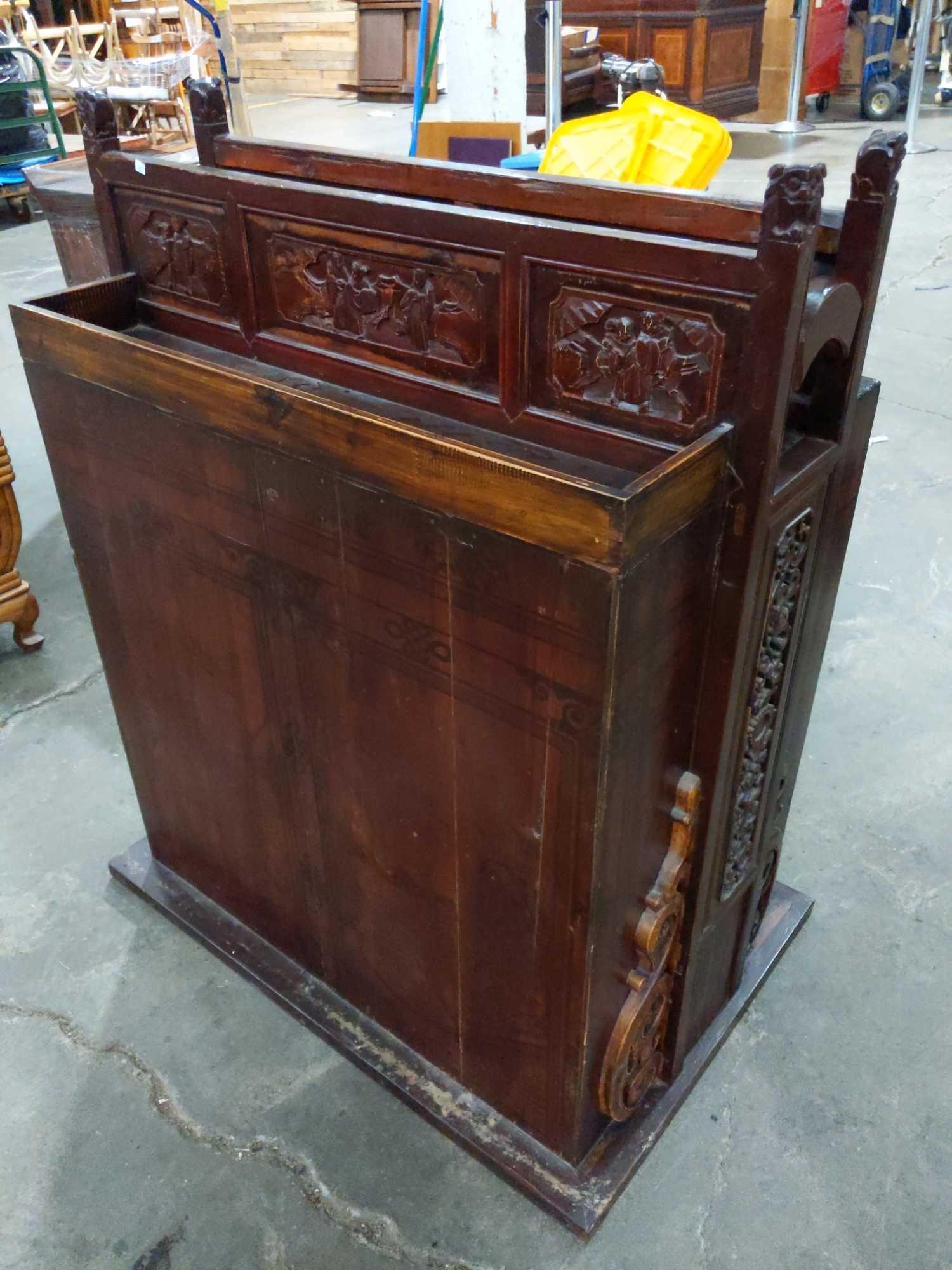 antique Elmwood(?) Chinese Wedding Cabinet & Wine Rack w/ Ornate Artwork see pics