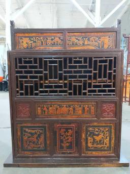 antique Elmwood(?) Chinese Wedding Cabinet & Wine Rack w/ Ornate Artwork see pics