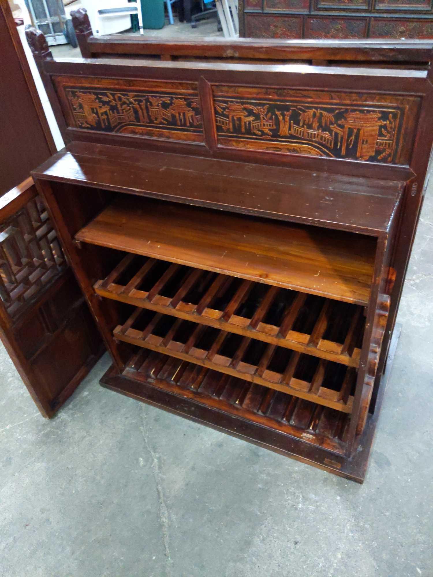 antique Elmwood(?) Chinese Wedding Cabinet & Wine Rack w/ Ornate Artwork see pics