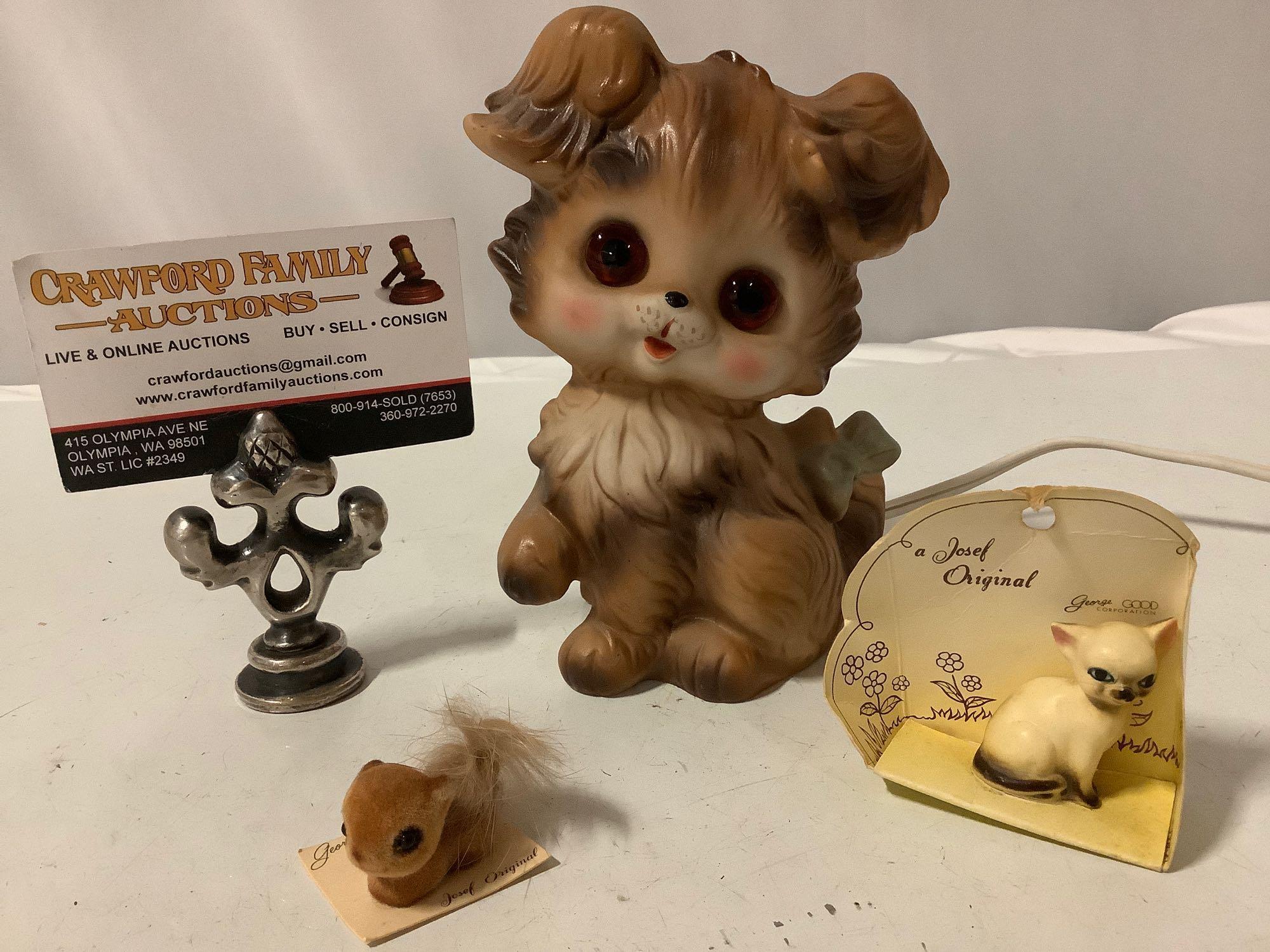 3 pc. lot of Josef Originals: puppy dog nightlight (tested/working), miniature cat / baby squirrel