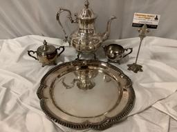 Vintage 4 pc. silver plate lot; Sheridan tea pot, sugar bowl w/ lid and cramer, plus serving plate