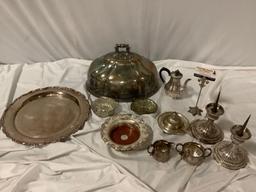 11 pc. Lot of antique silver plate decor: spike candle holders, magnum bottle holder, woven baskets,