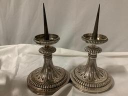 11 pc. Lot of antique silver plate decor: spike candle holders, magnum bottle holder, woven baskets,