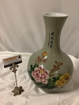 vintage Chinese porcelain vase with floral design, approx 10 x 17 in.