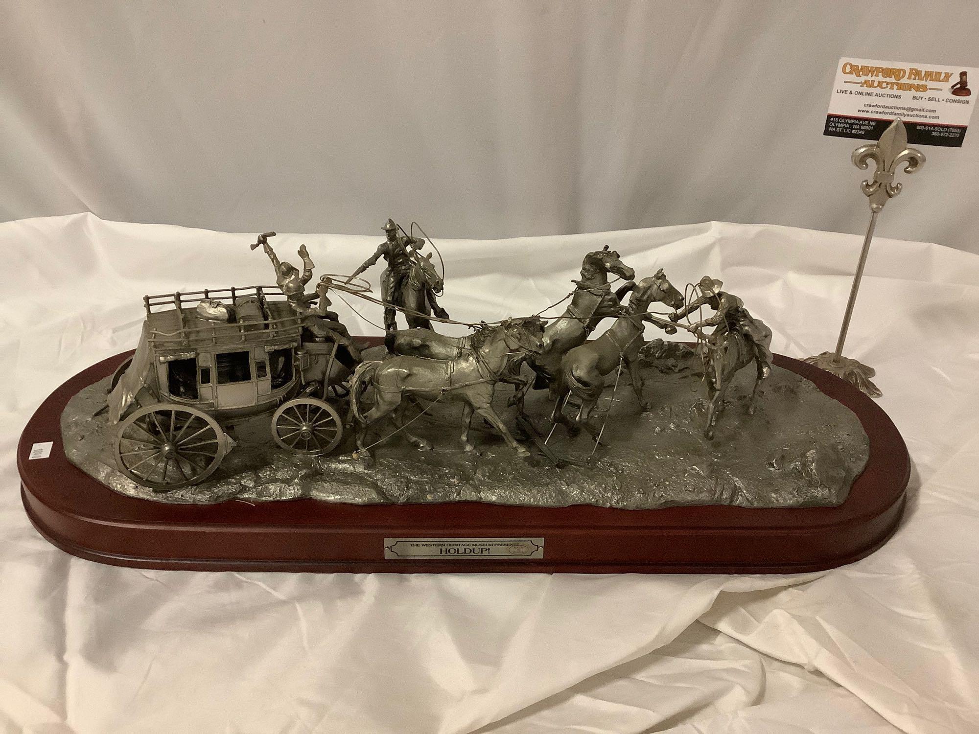 Holdup! - The Western Heritage Museum numbered 7295/9500 cast metal wagon train art piece w/ wood