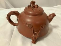 6 pc. lot of stunning Asian red clay handmade tea pot w/ 5 cups, needs repair, sold as is.