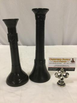 2 pc. WILLIRAYE STUDIO black candle stick holders, approx 3 x 10 in.