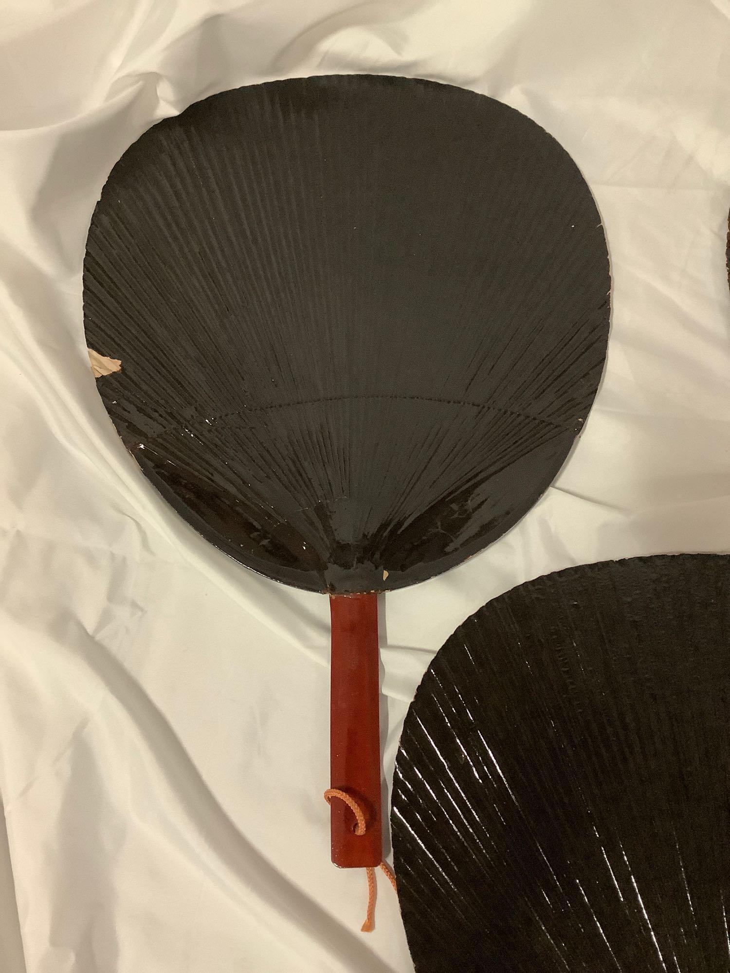 6 pc. Lot of antique Japanese black lacquered hand fans, approx 12 x 18 in.