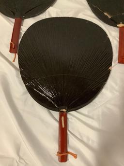 6 pc. Lot of antique Japanese black lacquered hand fans, approx 12 x 18 in.