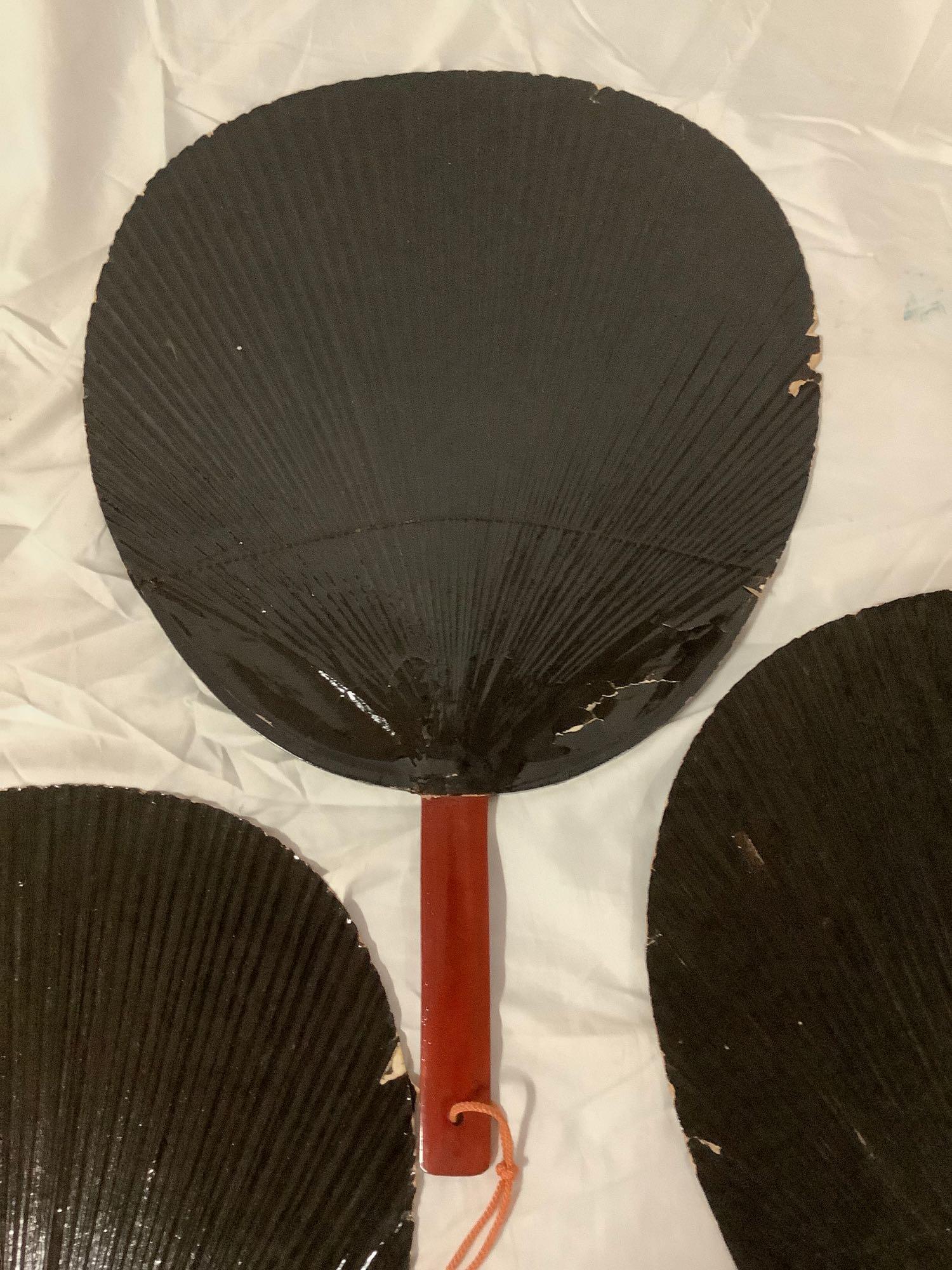 6 pc. Lot of antique Japanese black lacquered hand fans, approx 12 x 18 in.