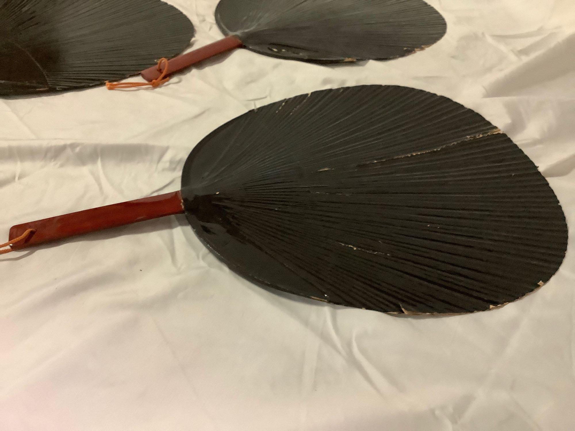 6 pc. Lot of antique Japanese black lacquered hand fans, approx 12 x 18 in.