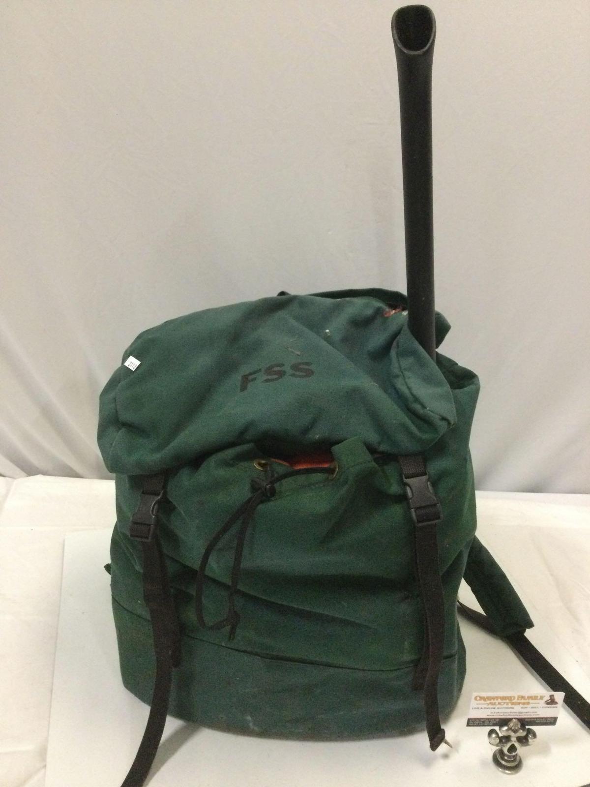 Vintage FSS canvas backpack full of forest fire fighting equipment, STIHL axe, chisels, tool kit, +