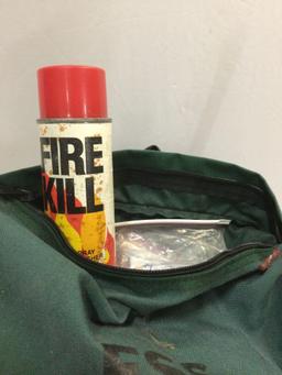 Vintage FSS canvas backpack full of forest fire fighting equipment, STIHL axe, chisels, tool kit, +