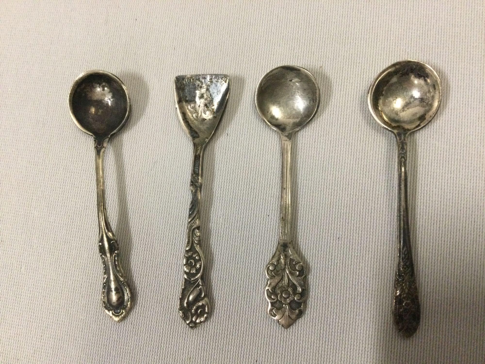 13 pc. lot of antique metal prayer bowls, 4 sterling spoons, 4 dragon head spoons, see pics