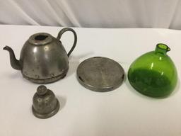 Antique pewter teapot w/ green glass interior bottle, see pics