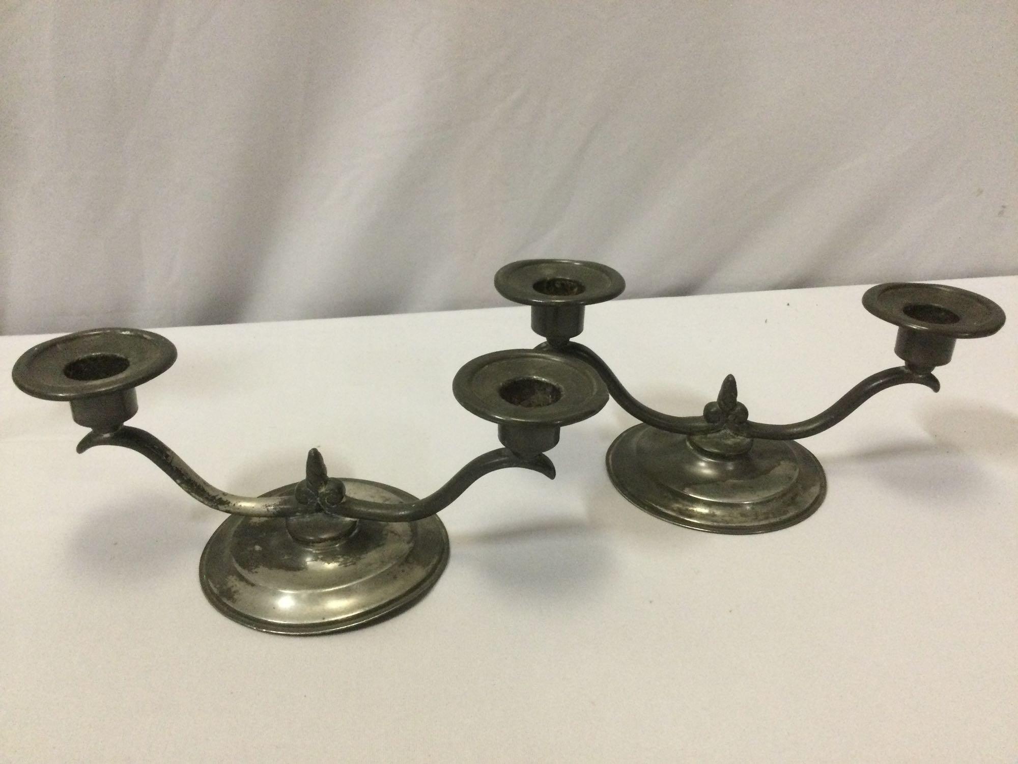 9 pc. vintage metal decor; copper sugar bowl, creamer, tea pot, Leonard pewter bud vases