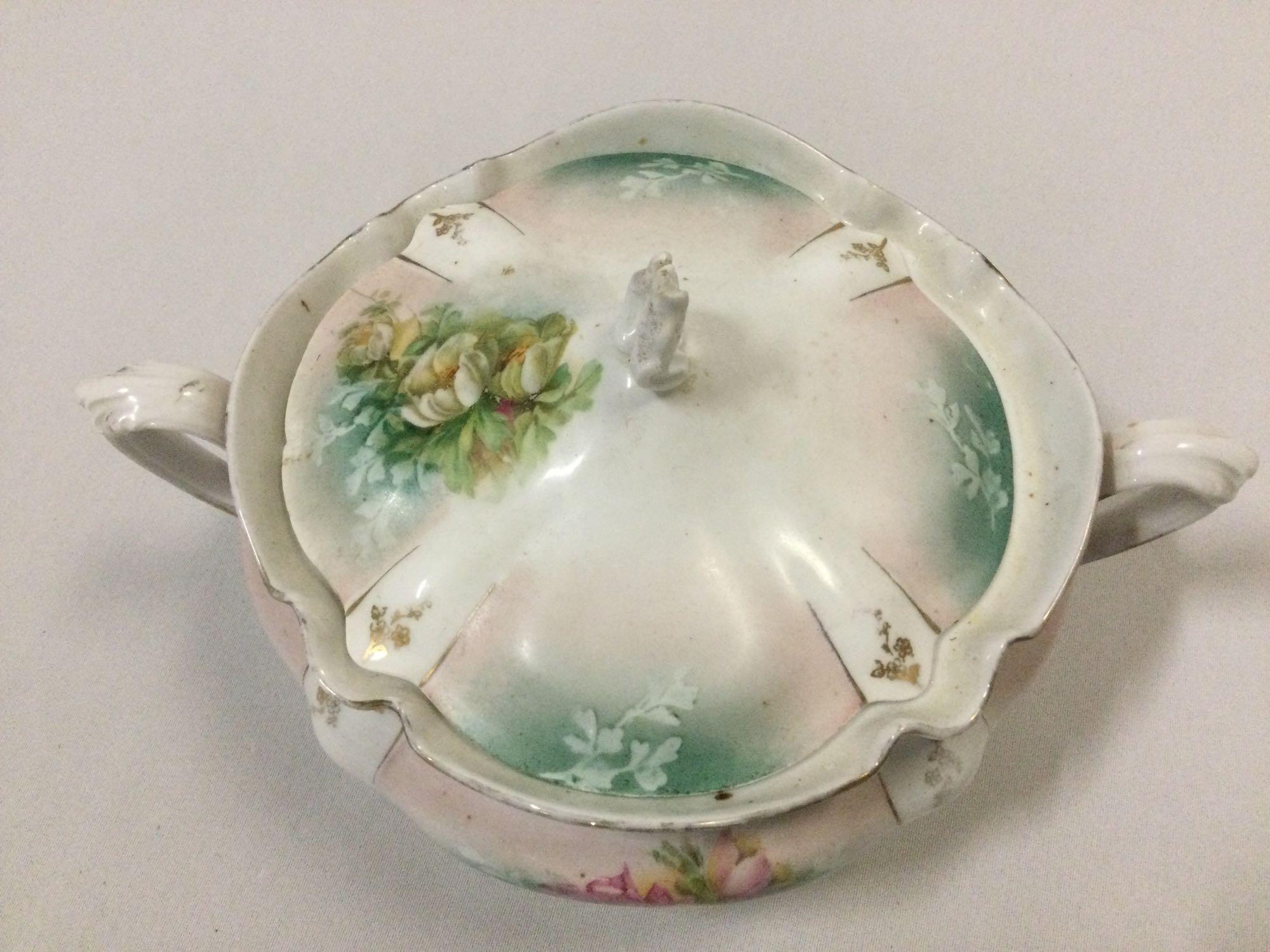 2 pc. lot antique fine china pieces; RS Prussia bowl (repaired) hand painted M & R box w/ lid - USA