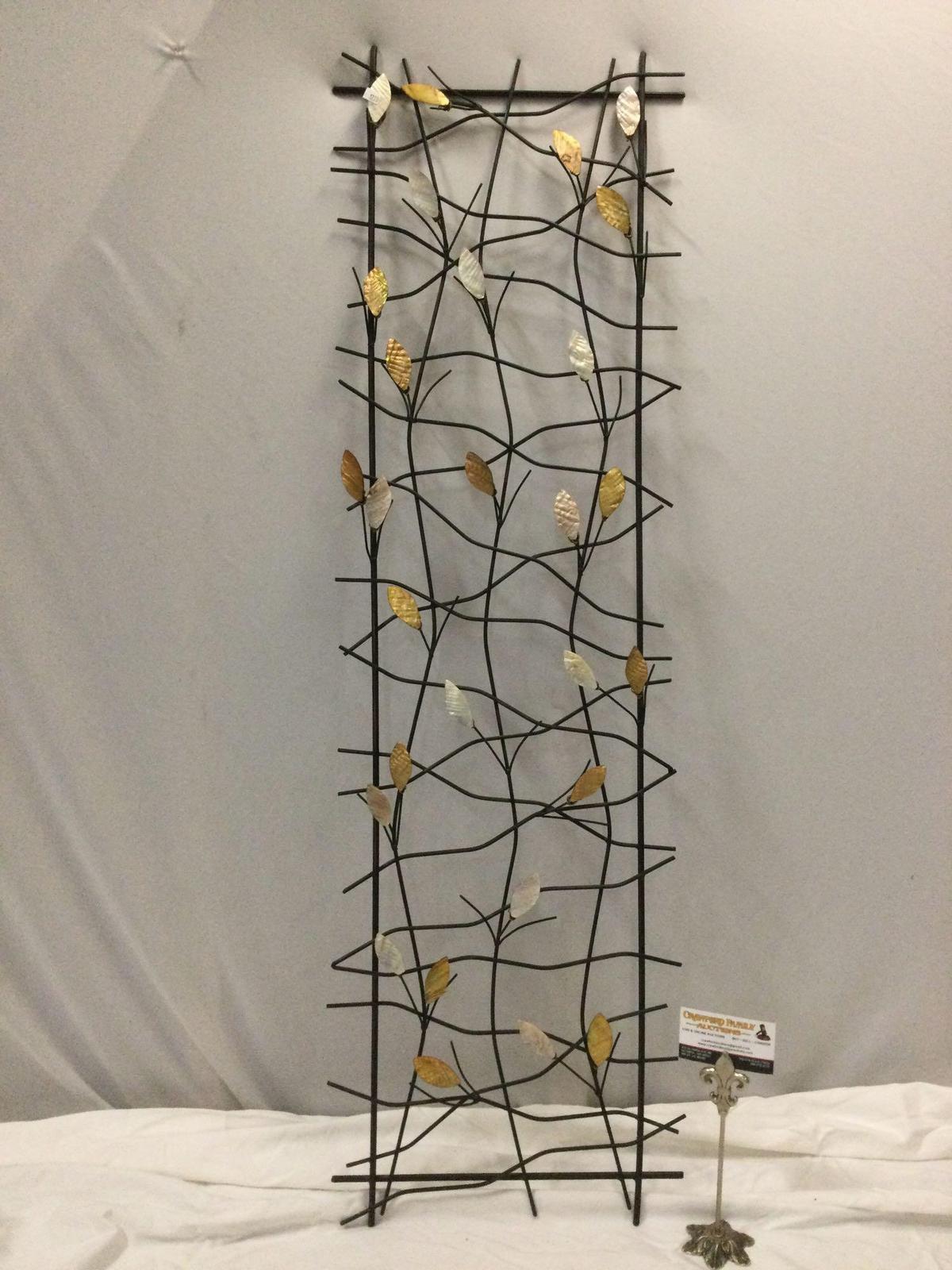 Vintage metal wire wall art piece w/ mother of pearl leaves, approx 14 x 46 in.