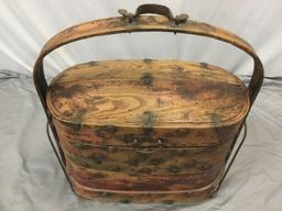 Old antique Asian wood food carrier w/ metal hardware, shows wear, see pics