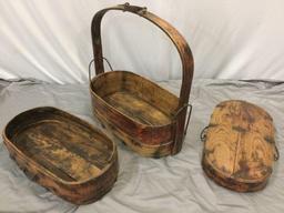 Old antique Asian wood food carrier w/ metal hardware, shows wear, see pics