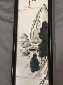 Vintage framed hand painted Asian ceramic tile artwork, approx 5 x 18 in.