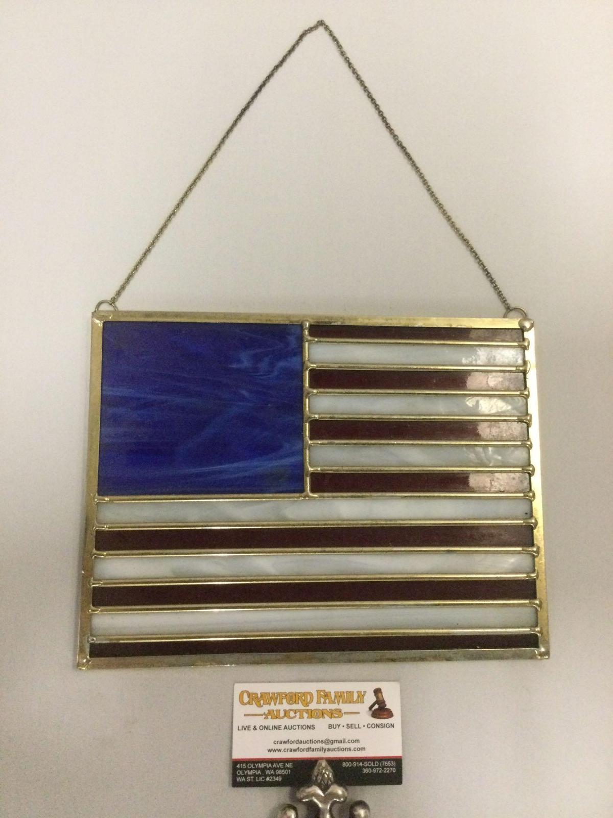 Vintage stained glass hanging art piece in the style of US American flag, approx 10 x 7.5 in.