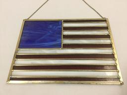 Vintage stained glass hanging art piece in the style of US American flag, approx 10 x 7.5 in.