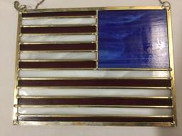 Vintage stained glass hanging art piece in the style of US American flag, approx 10 x 7.5 in.