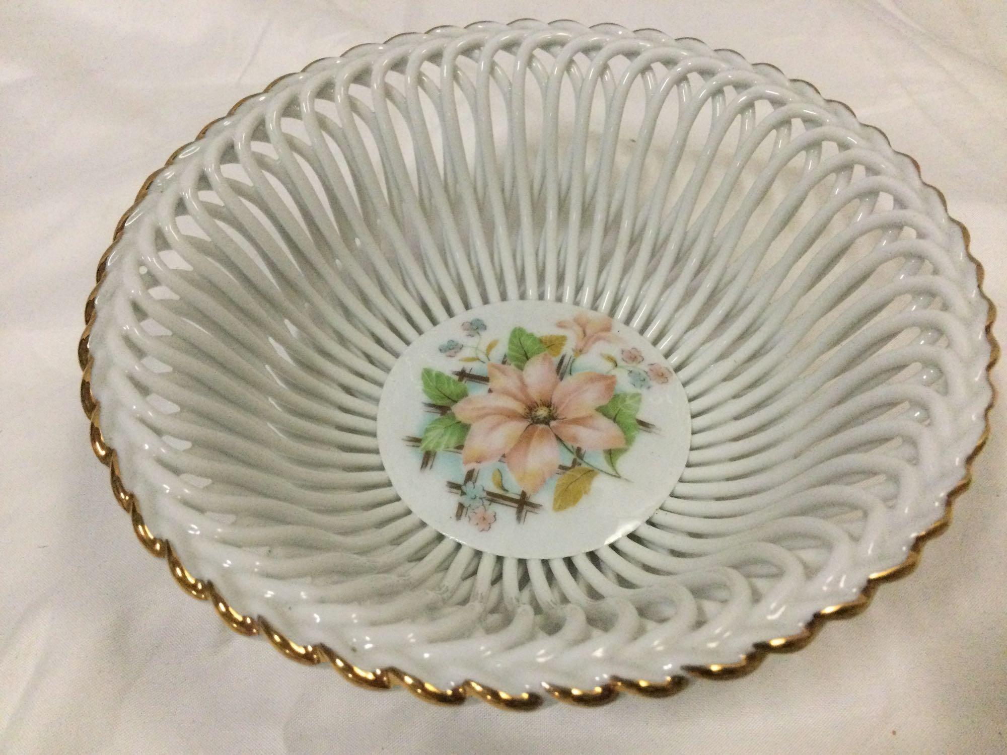 5 pc. lot vintage fine bone china tea cups and saucers/ glass bowl w/ floral print rim, Noritake,