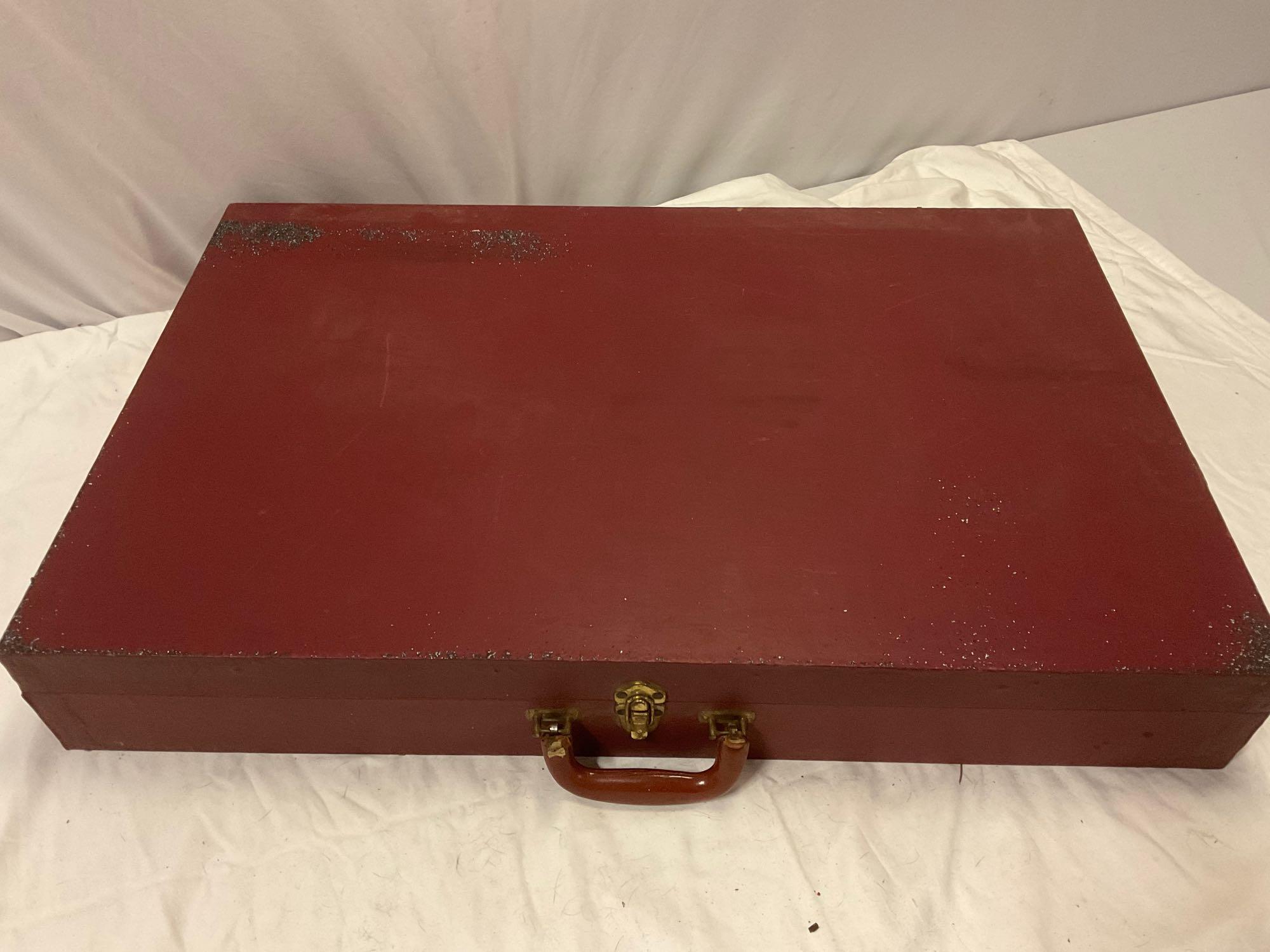 Vintage stage case w/ magic trick prop boxes w/ stand from magician John Pomeroy Intl. Illusionist