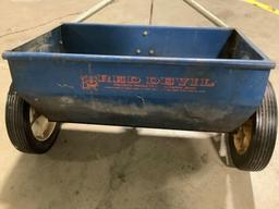 Vintage RED DEVIL lawn fertilizer spreader, tested and working, approx 43 x 25 x 25 in.