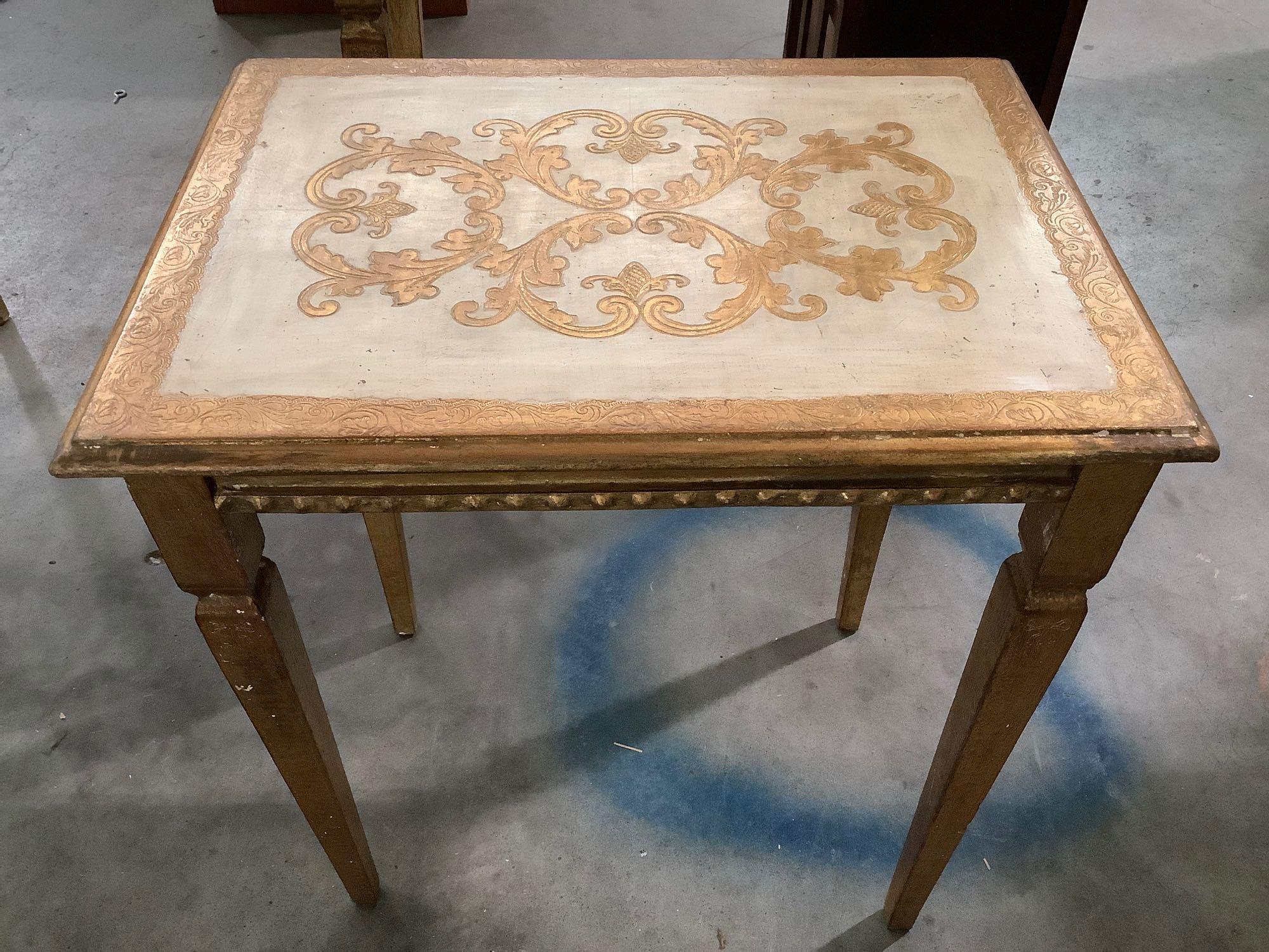 3 pc. set of antique Florentia wood nesting tables, made in Italy, approx 13 x 22 x 22 in.