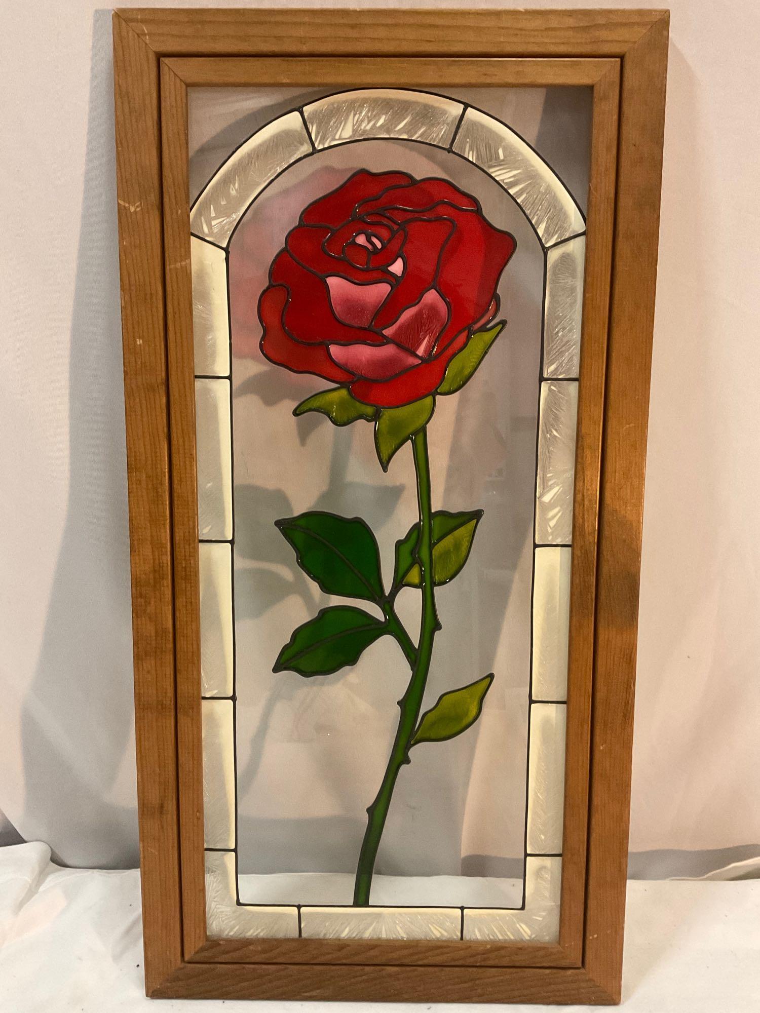 Wood framed stained glass rose window, OPEN WINDOWS Salida Colorado, approx 11.5 x 22.5 in.