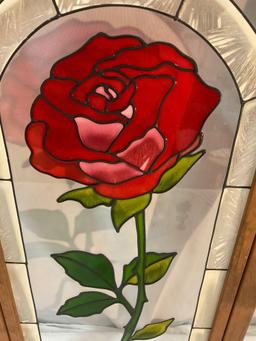 Wood framed stained glass rose window, OPEN WINDOWS Salida Colorado, approx 11.5 x 22.5 in.