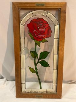 Wood framed stained glass rose window, OPEN WINDOWS Salida Colorado, approx 11.5 x 22.5 in.
