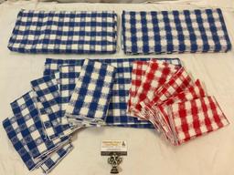 Nice collection of linen napkins & matching tablecloths, red/ blue checkered pattern.