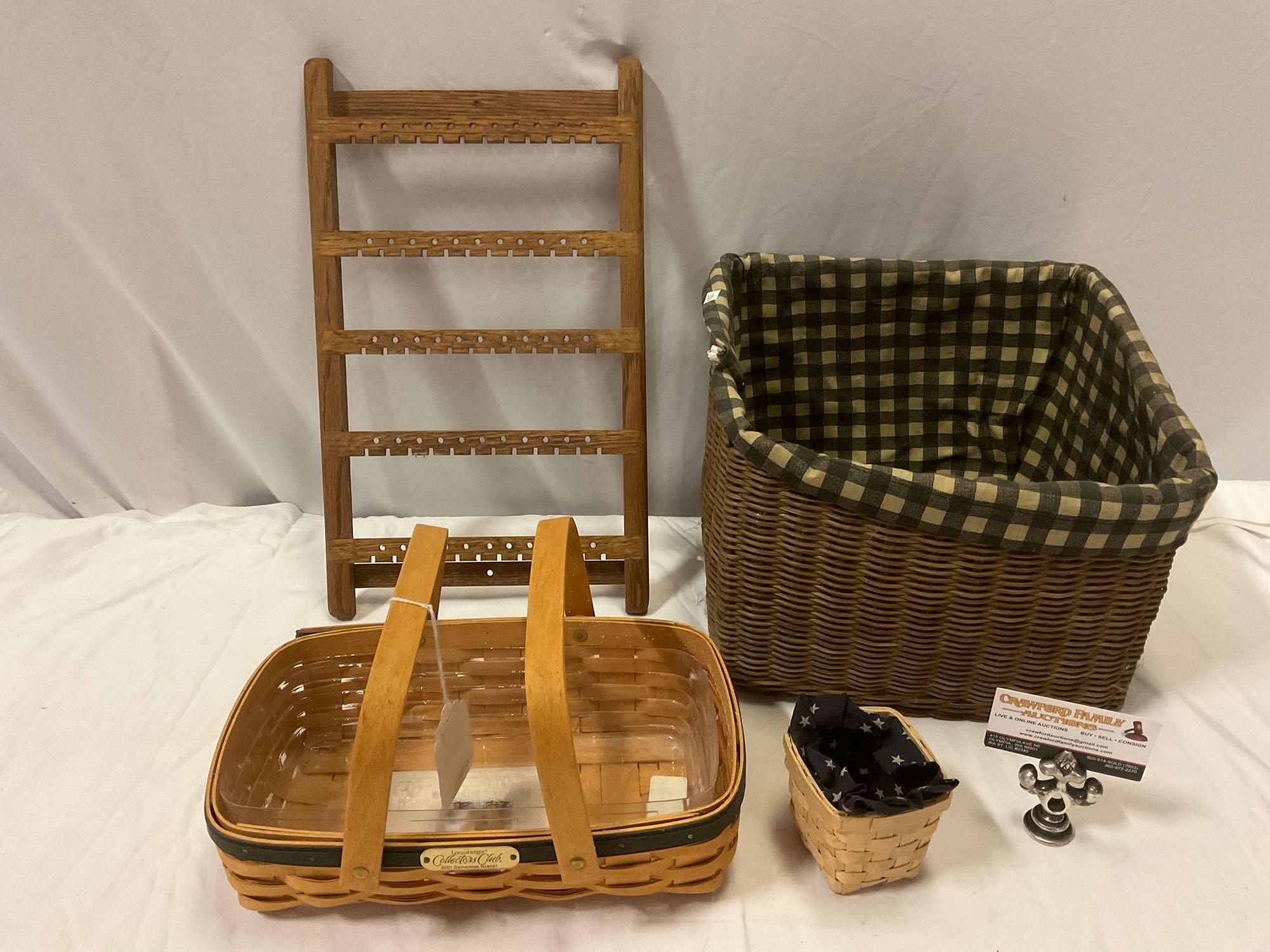 4 pc. lot of vintage woven baskets & wooden earring rack; Longaberger Baskets Collectors Club
