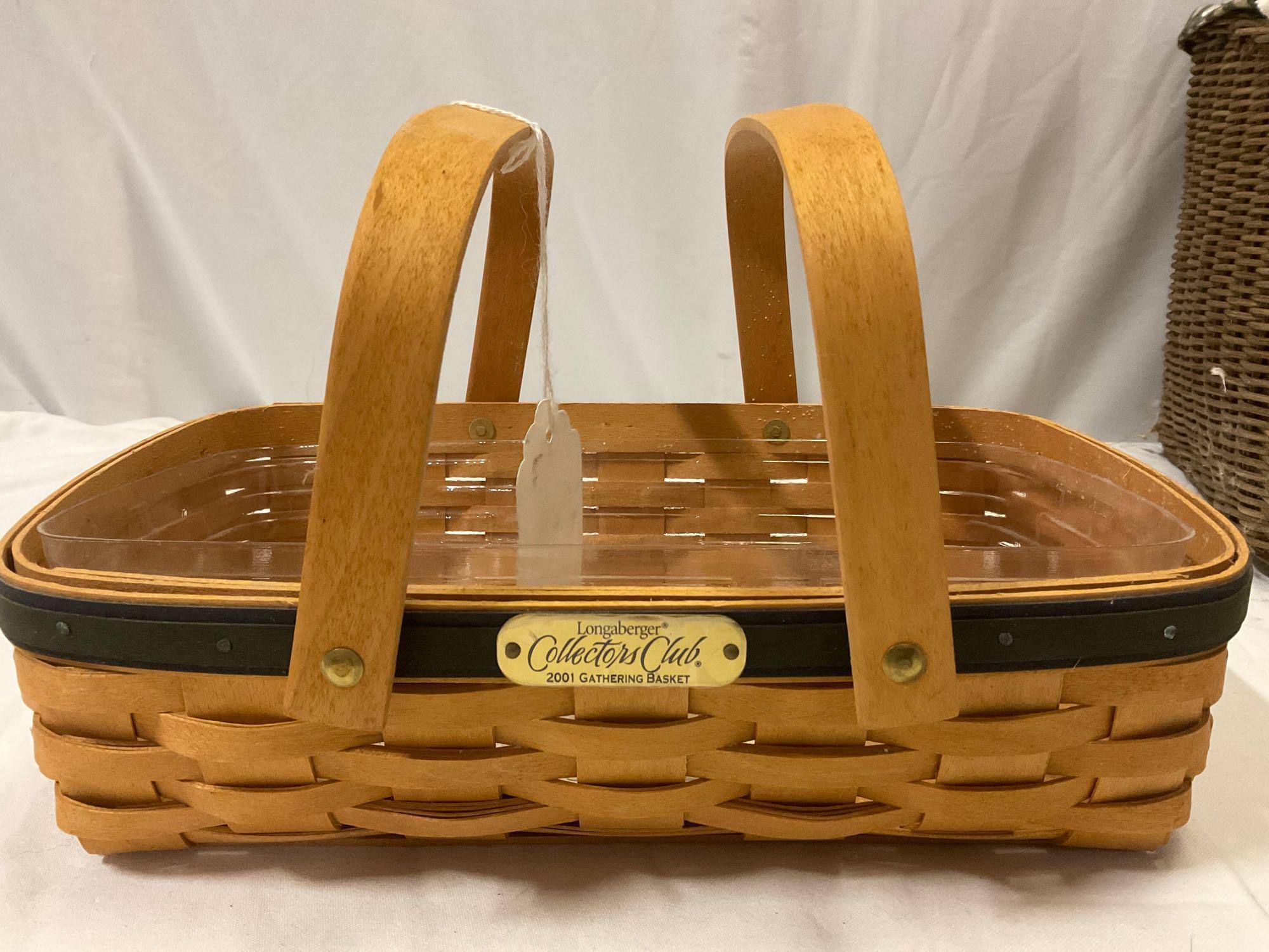 4 pc. lot of vintage woven baskets & wooden earring rack; Longaberger Baskets Collectors Club