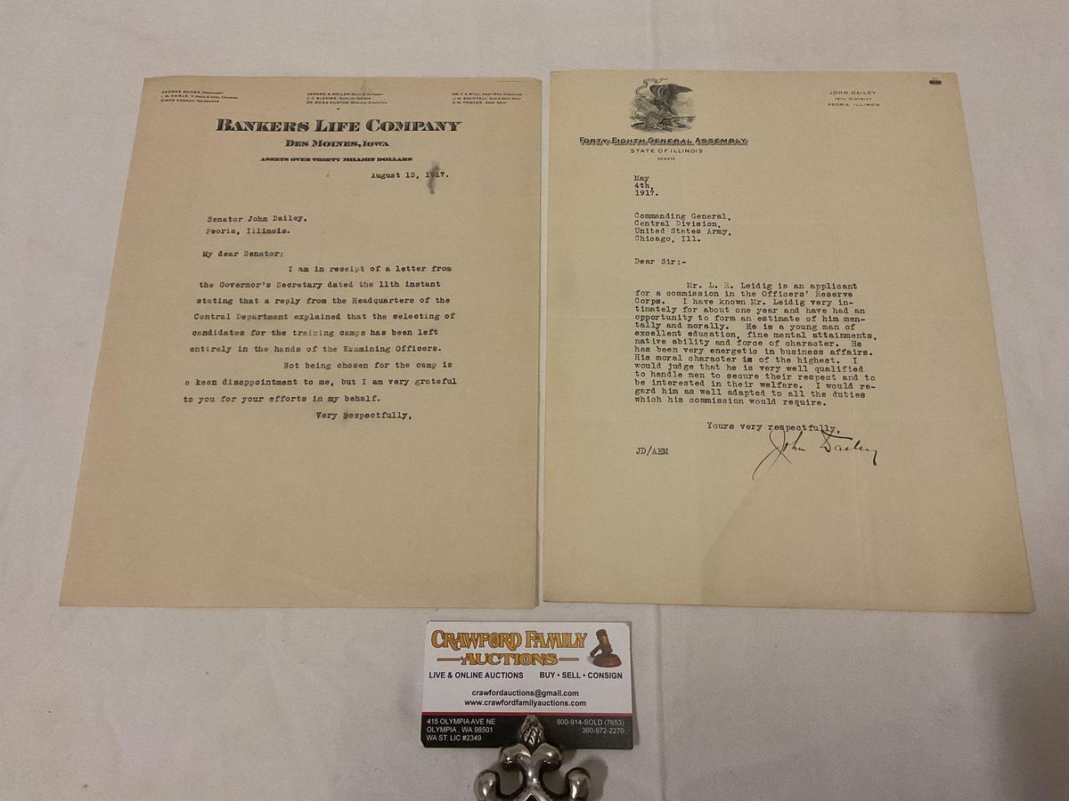 2 pc. lot of antique 1917 correspondence from Illinois Senator John Dailey.