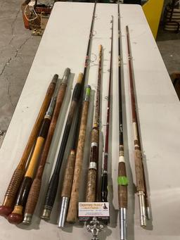 9 pc. lot of vintage fishing poles / fishing pole grip handles, approx 81 in. largest.