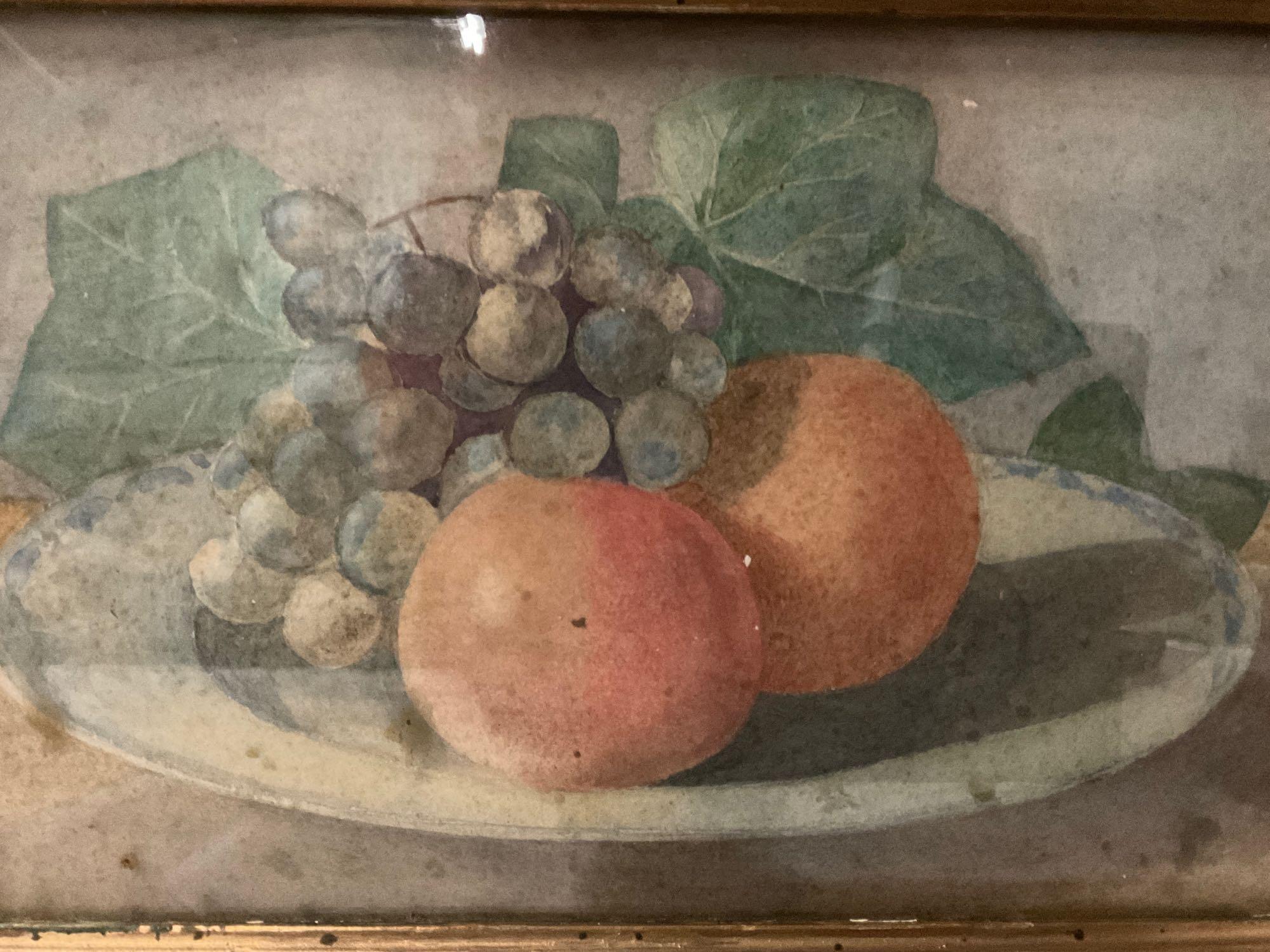 Antique framed still life fruit plate watercolor artwork, approx 17 x 13 in.