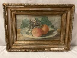 Antique framed still life fruit plate watercolor artwork, approx 17 x 13 in.