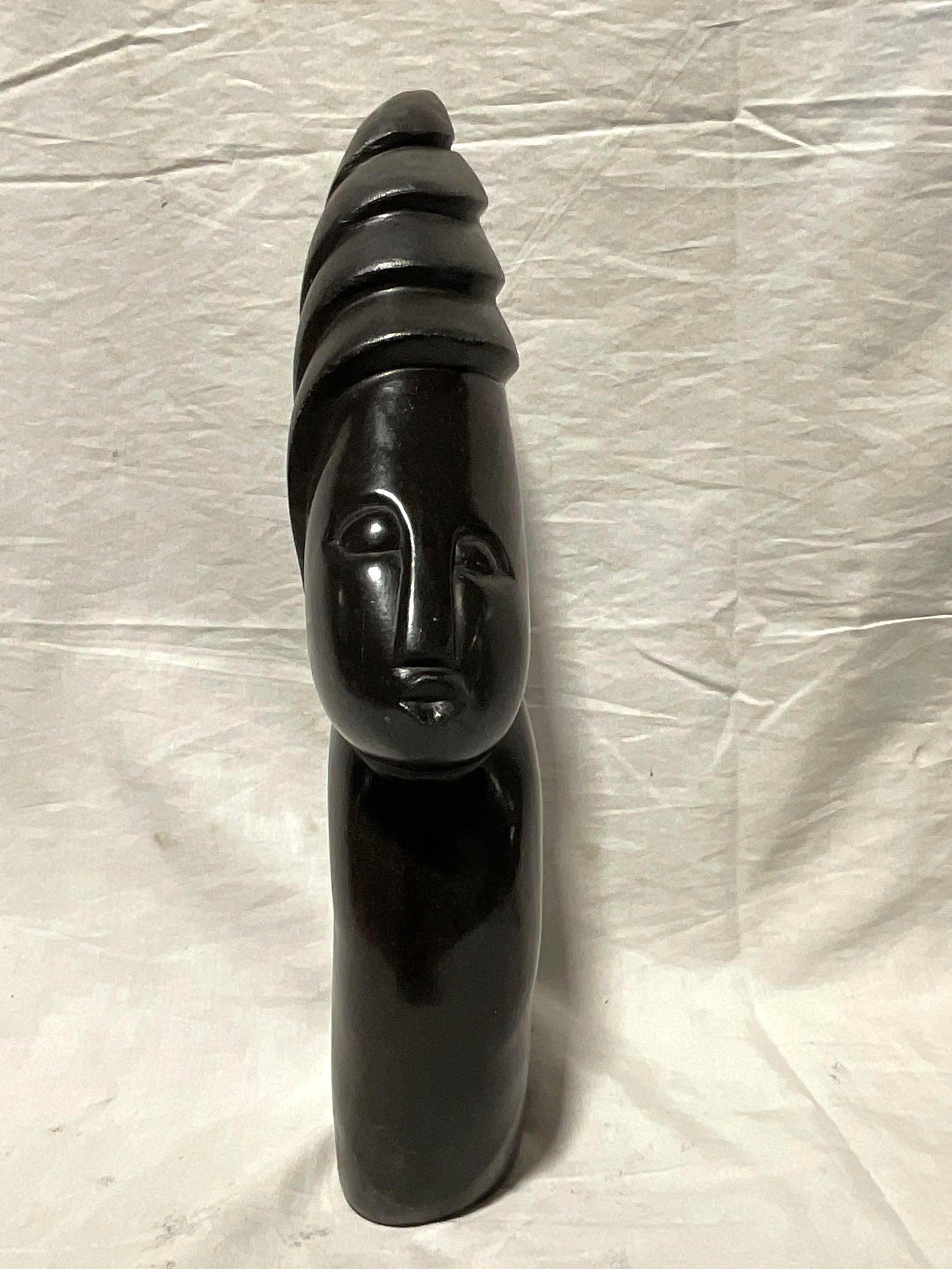 Hand Carved African Stone Sculpture of Person wearing tribal Head wrap , Signed by Artist see pics