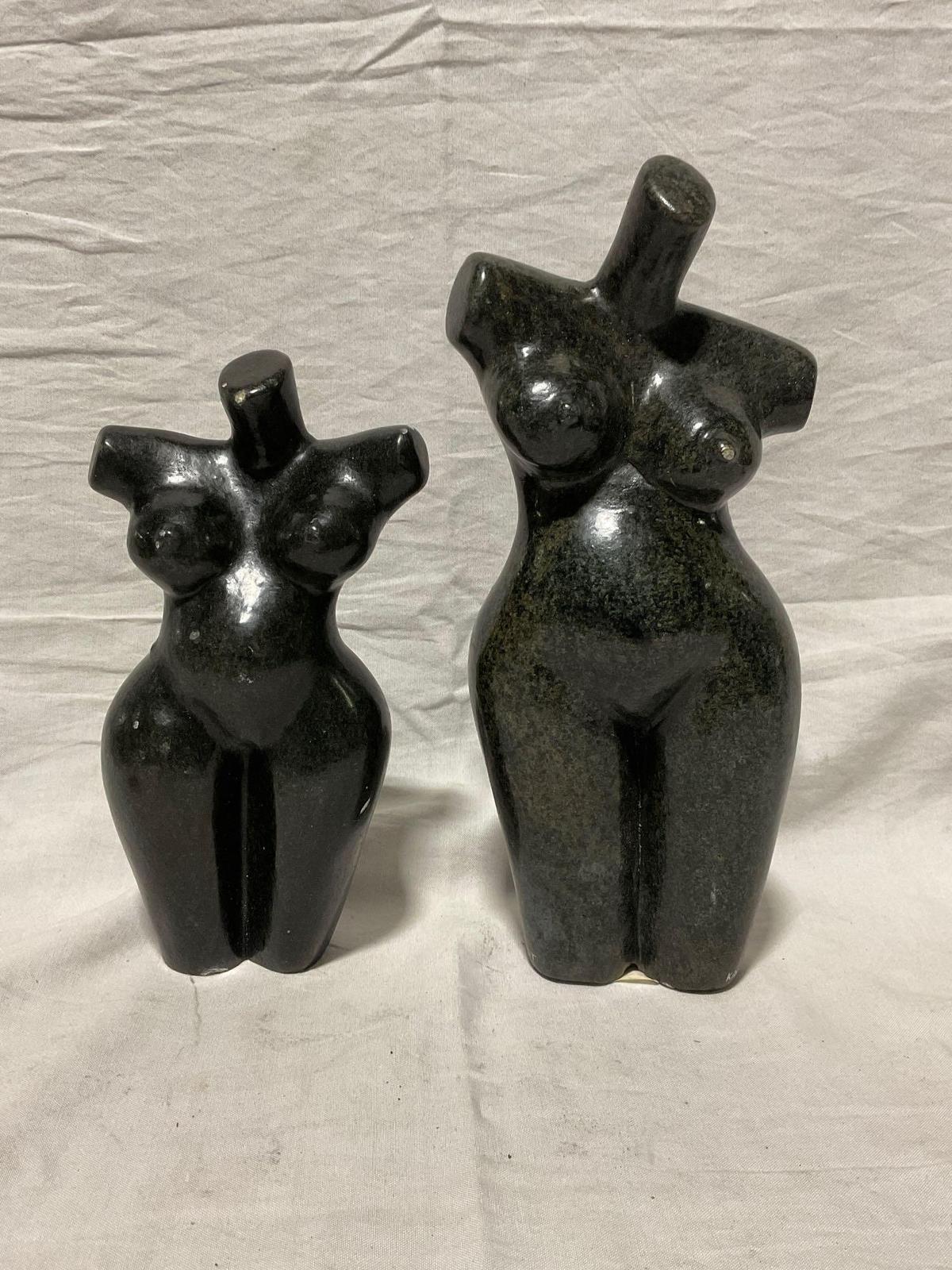 Pair of Hand Carved African Stone sculptures of different sized female torsos w/note from the artist