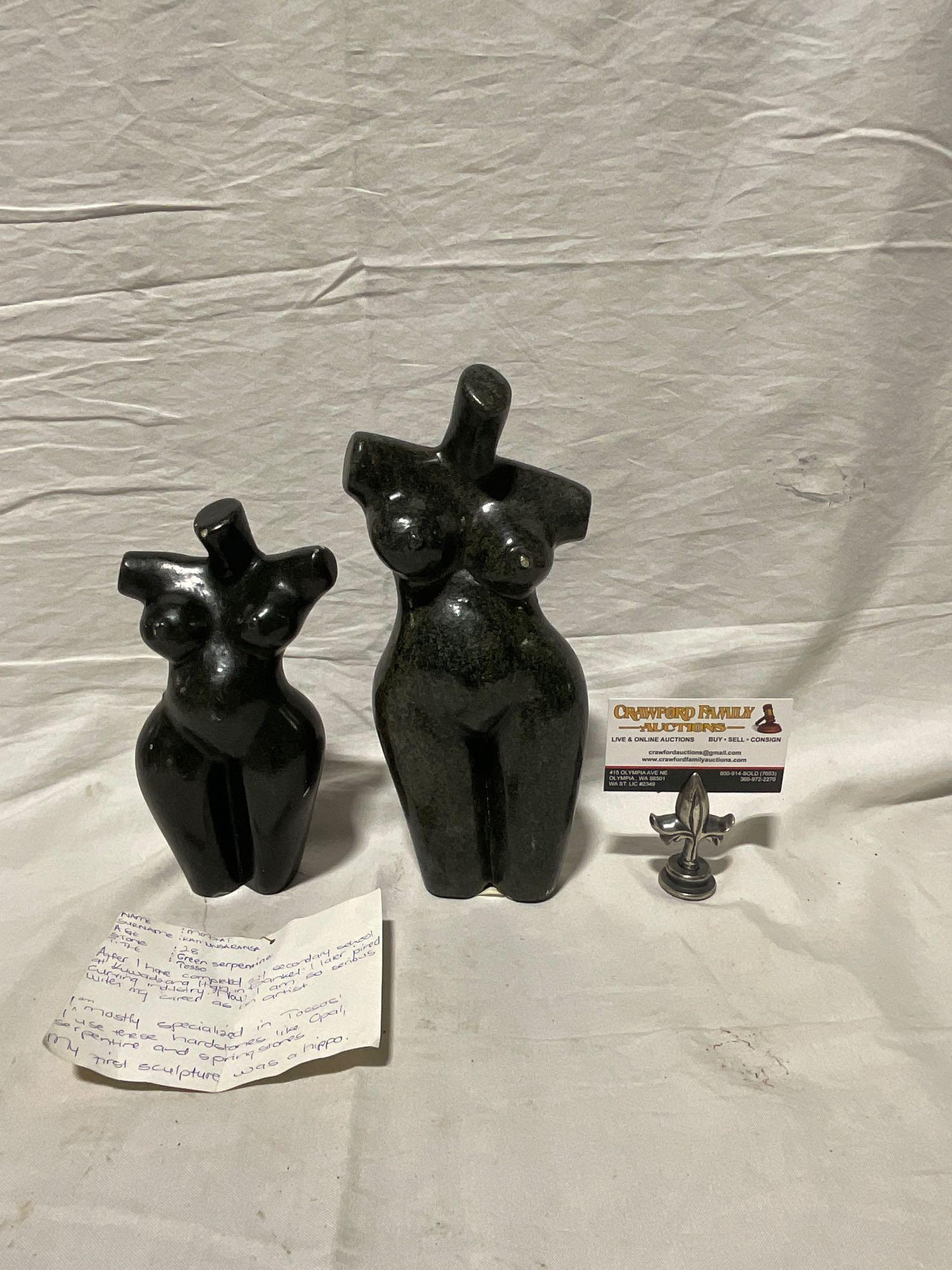 Pair of Hand Carved African Stone sculptures of different sized female torsos w/note from the artist