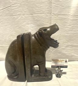 Hand Carved African Stone Hippopotamus Bookends, Signed by the Artist see pics