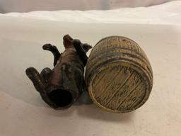 Antique painted cast iron Dog & Barrel toothpick holder, approx 3 x 3 x 2 in.