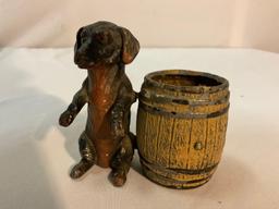 Antique painted cast iron Dog & Barrel toothpick holder, approx 3 x 3 x 2 in.