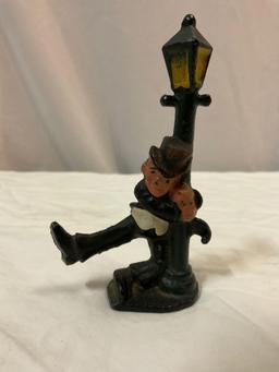 Antique cast iron LAMP POST DRUNK drunken man ashtray, figure not connected to tray, sold as is