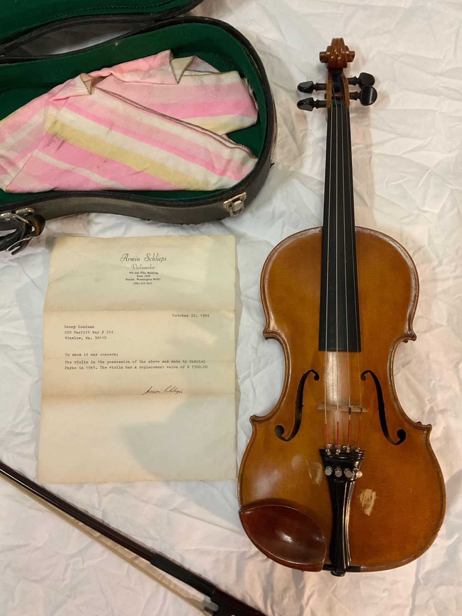 Antique 1945 violin by Gabriel Payne w/ bow and hard case w/ written 1984 appraisal for $1500, see